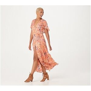 (A9) Haute Hippie Tribe Coral Floral Wrap Maxi Dress Flutter Sleeve Ruffle Hem S